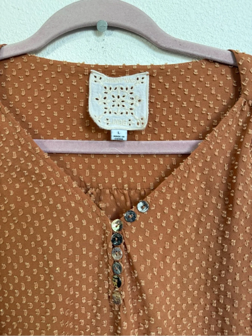 Johnny Was Brown Swiss Dot Boho Peasant Blouse L Ruffle V-Neck Top - Picture 3 of 8